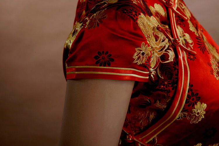 Red peonys long cheongsam dress