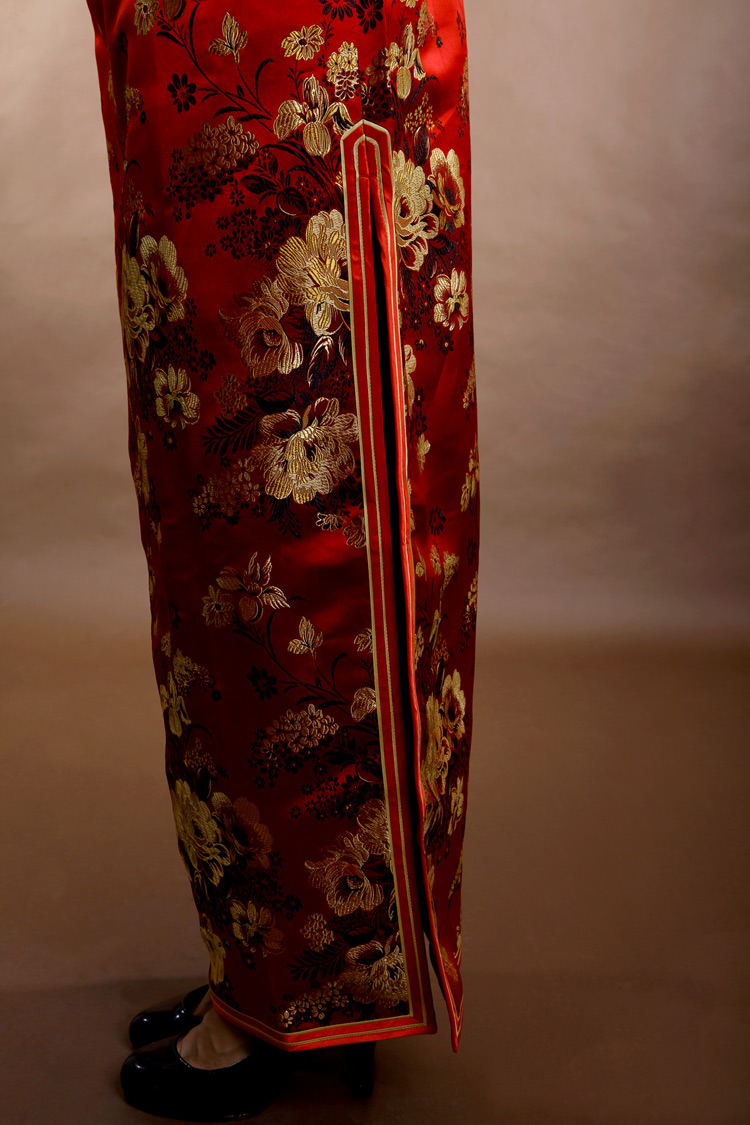 Red peonys long cheongsam dress