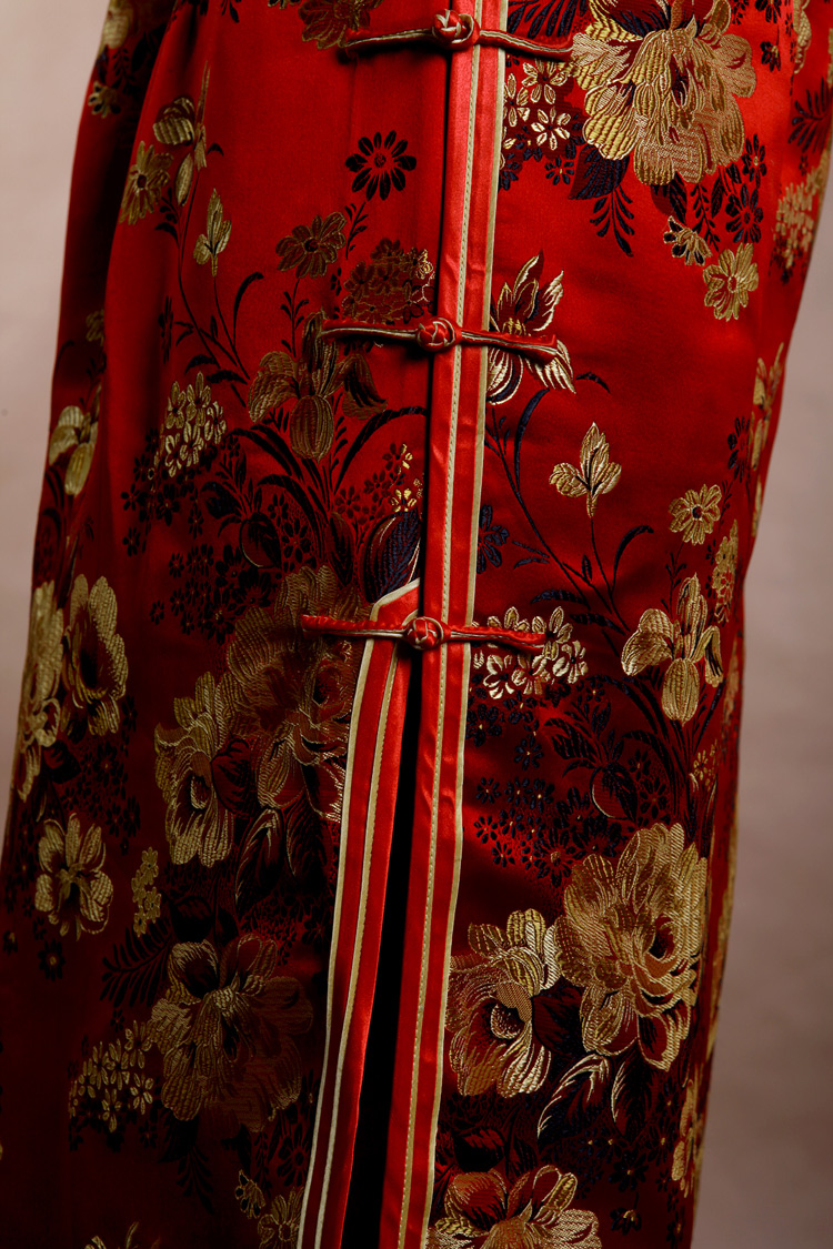 Red peonys long cheongsam dress