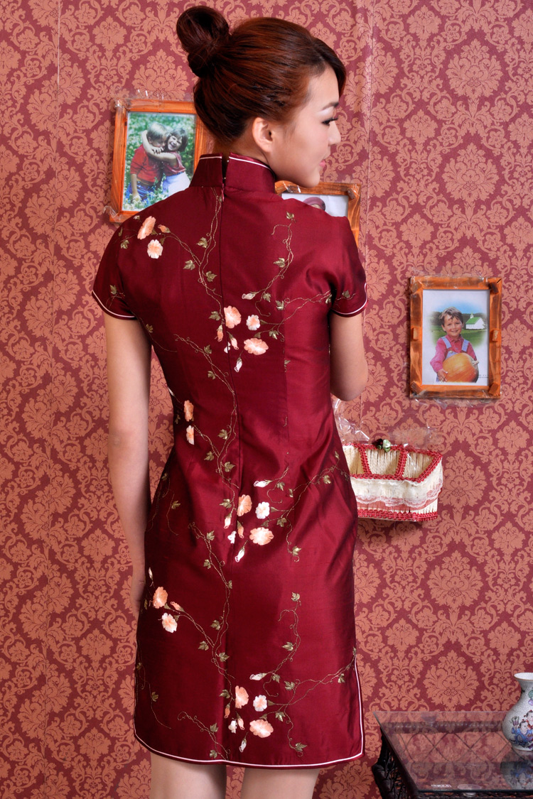 Wine red doupion silk with embroidery cheongsam dress 