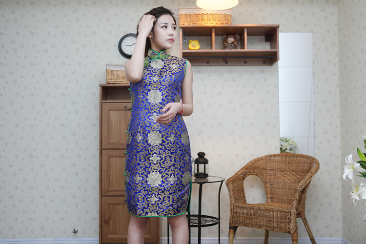 Blue sleeveless short QiPao