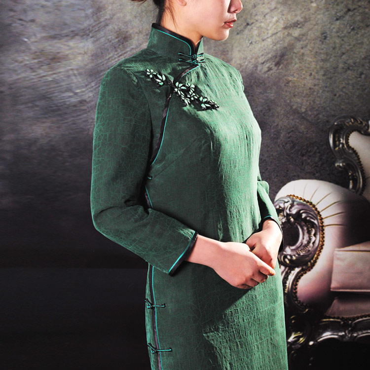 Dark green silk cheongsam dress