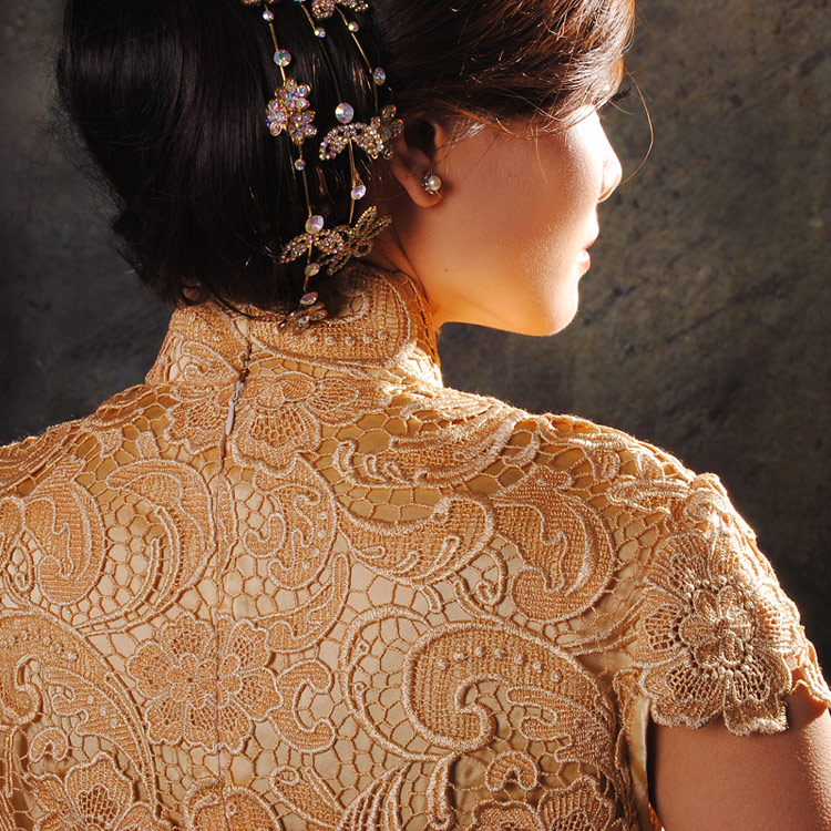 Golden lace cheongsam dress