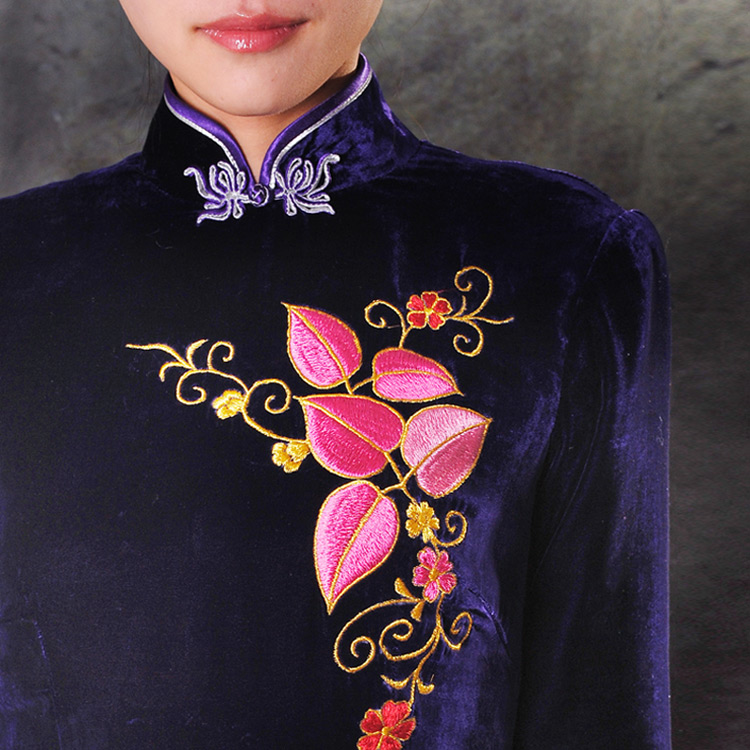 Violet velvet embroidered long cheongsam