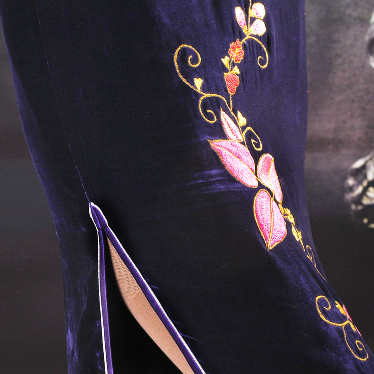 Violet velvet embroidered long cheongsam