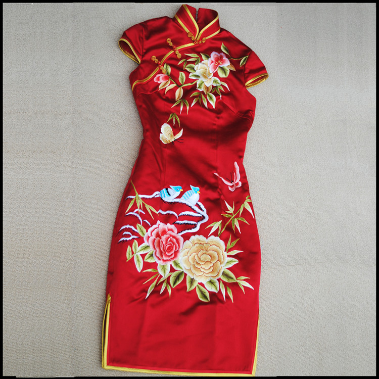 Red silk brocade capped qipao dress