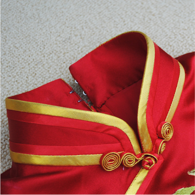 Red silk brocade capped qipao dress