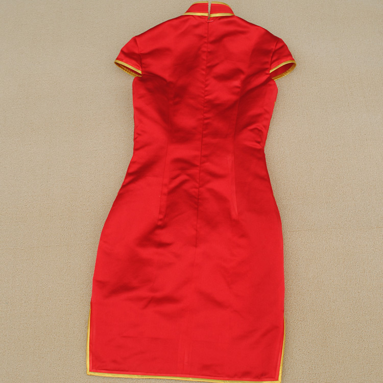 Red silk brocade capped qipao dress