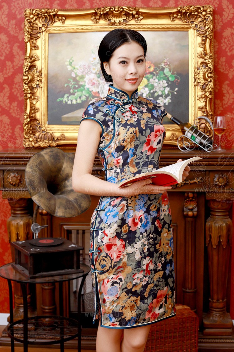 Dark blue satin short cheongsam Custommade Cheongsam