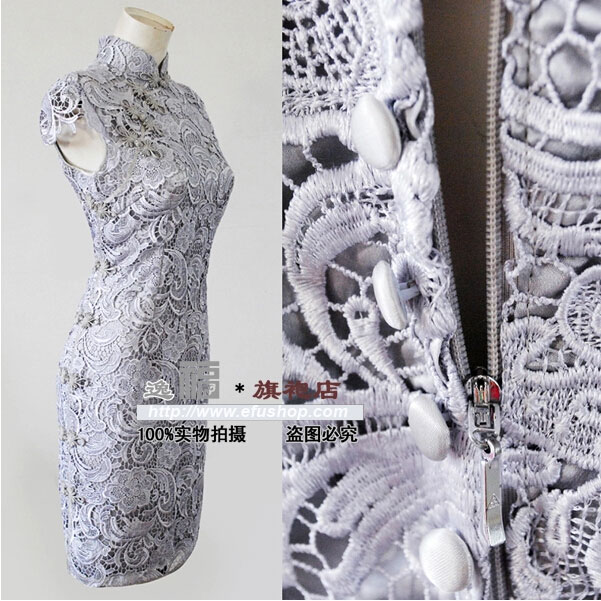 gray lace cheongsam dress