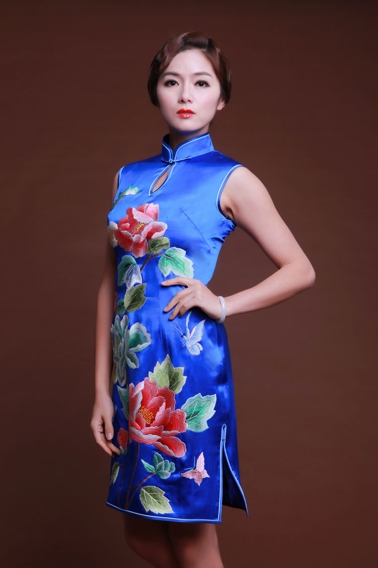 blue short cheongsam dress