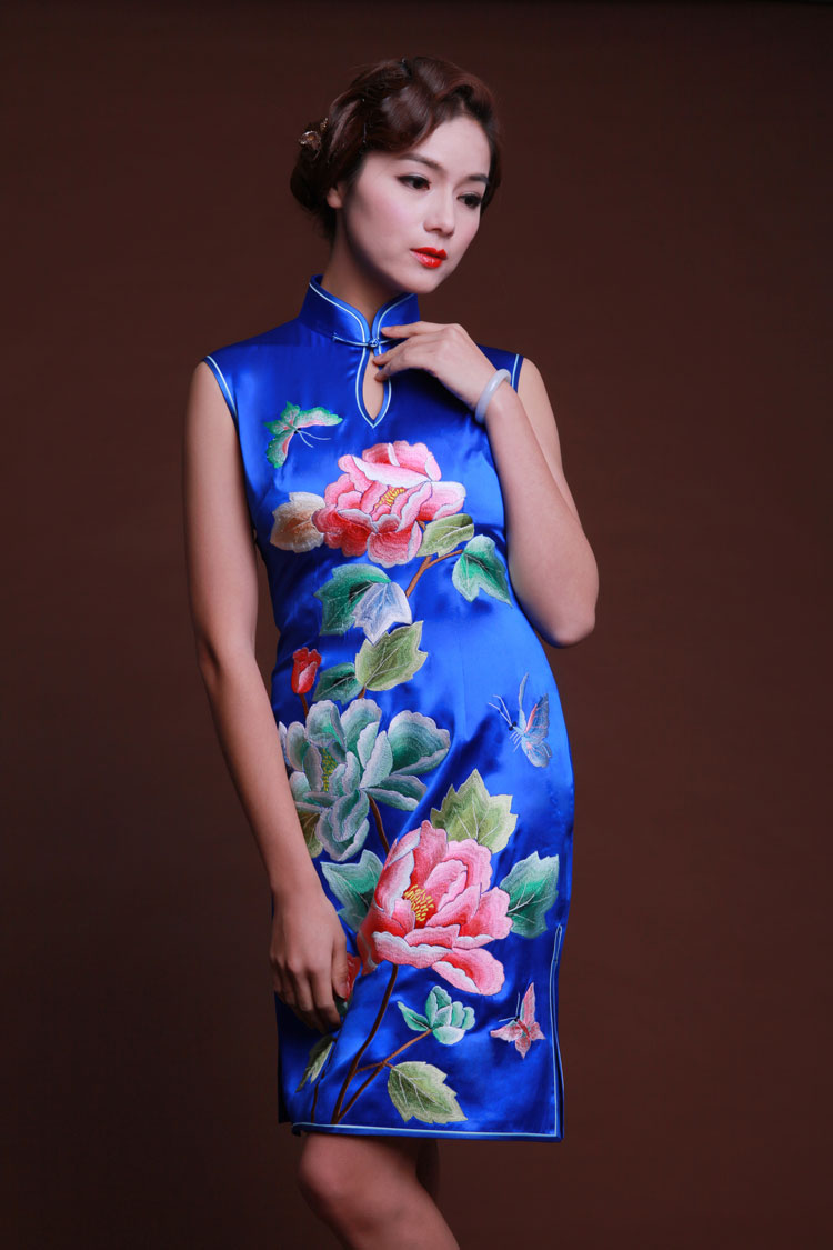 blue short cheongsam dress