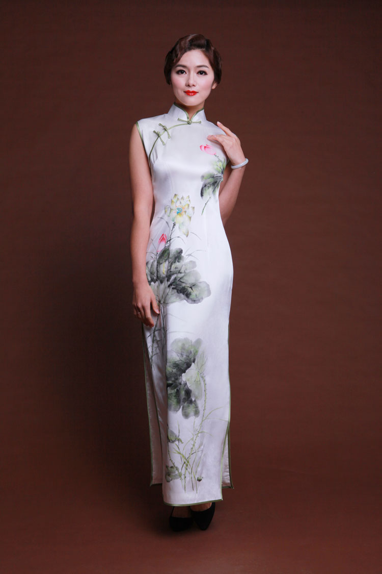 Handpainted lotus flowers silk cheongsam Handpainted lotus flowers silk cheongsam
