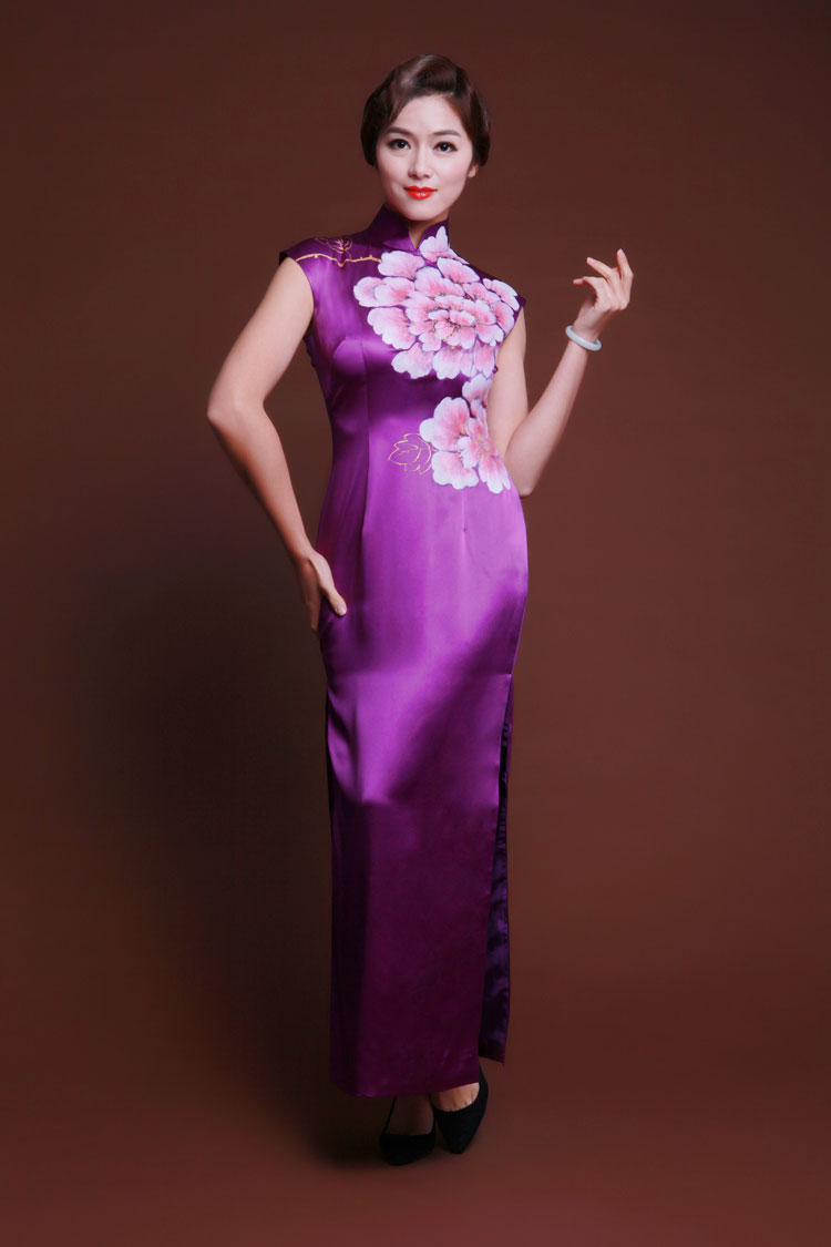 Handpainted peonies light purple silk cheongsam 