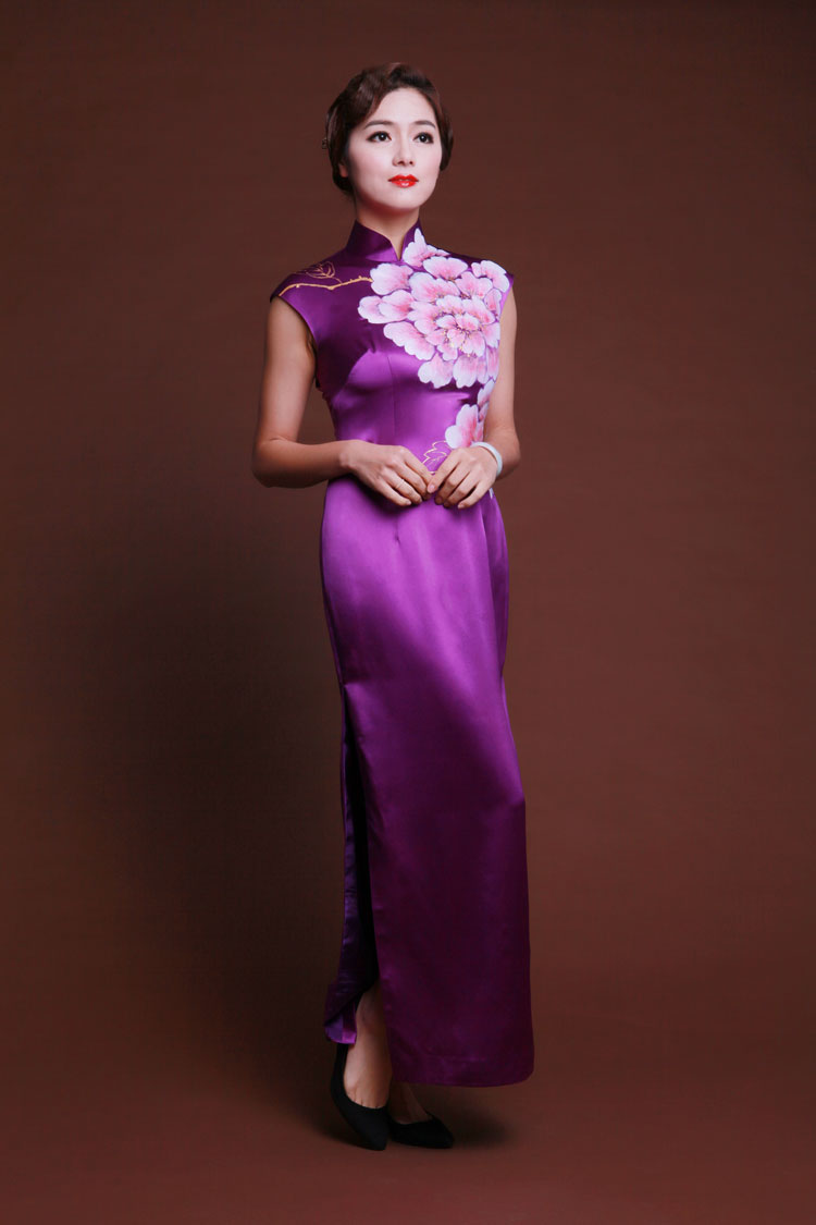 Handpainted peonies light purple silk cheongsam 