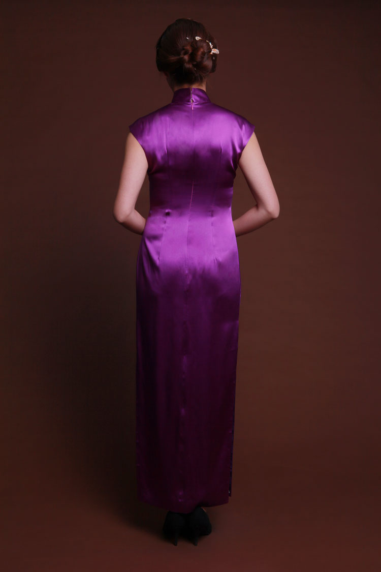 Handpainted peonies light purple silk cheongsam 