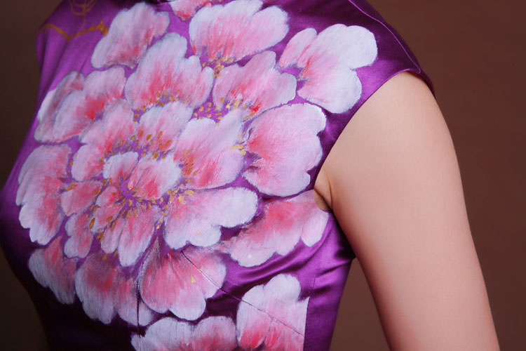 Handpainted peonies light purple silk cheongsam 