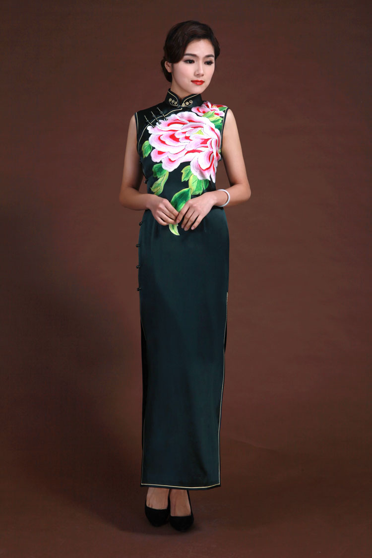 Dark green peony embroidery long dress