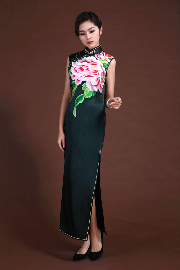 Dark green peony embroidery long dress