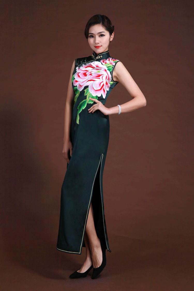 Dark green peony embroidery long dress