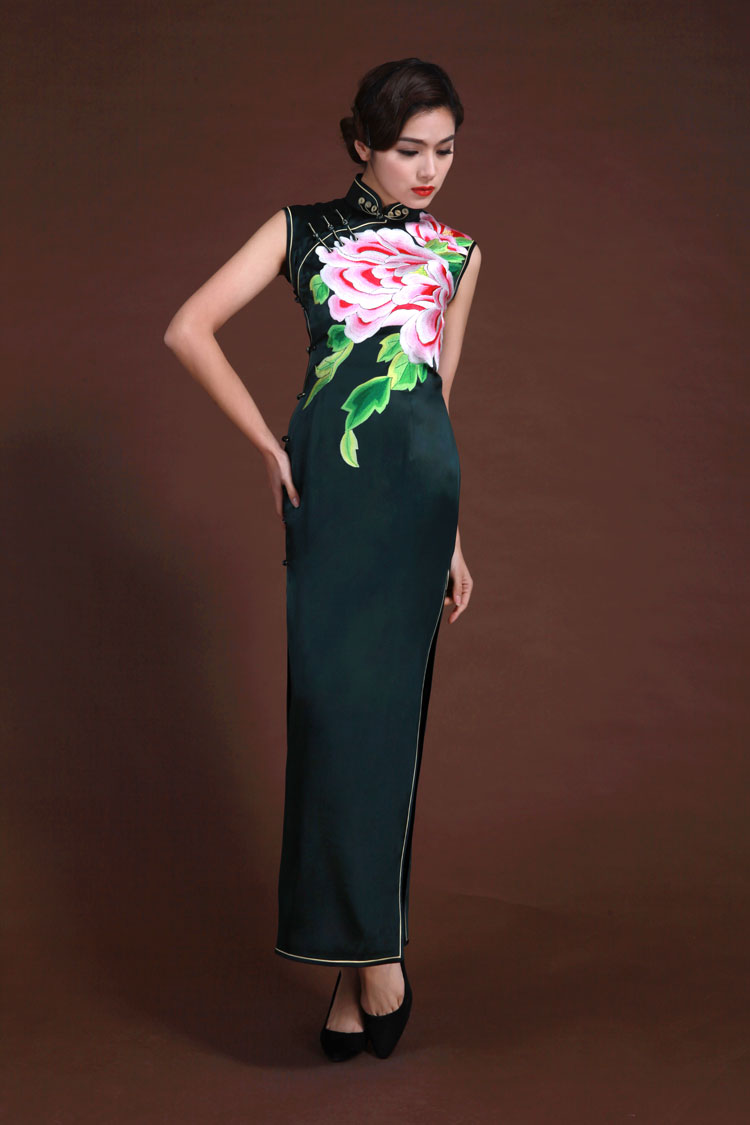 Dark green peony embroidery long dress