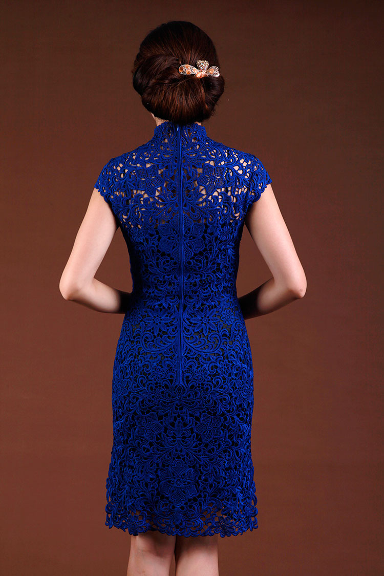 Sapphire blue lace short cheongsam