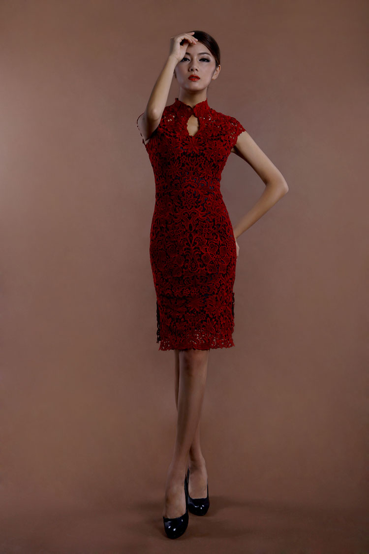 Wine red lace short cheongsam