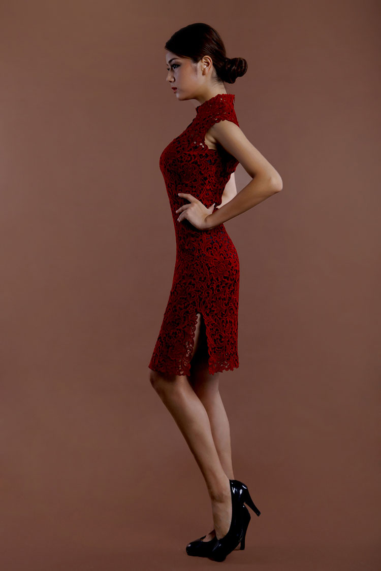 Wine red lace short cheongsam