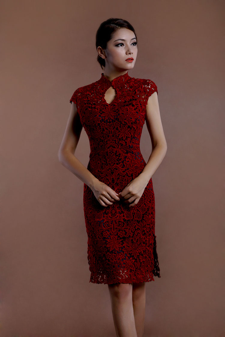 Wine red lace short cheongsam