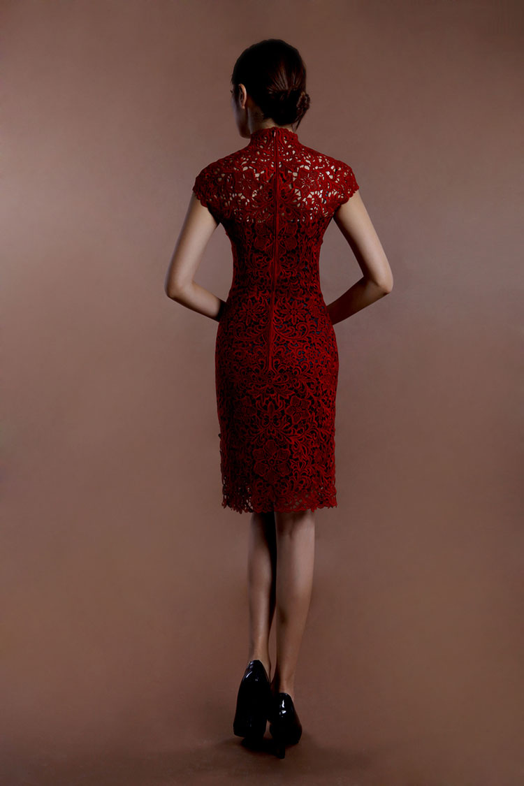 Wine red lace short cheongsam