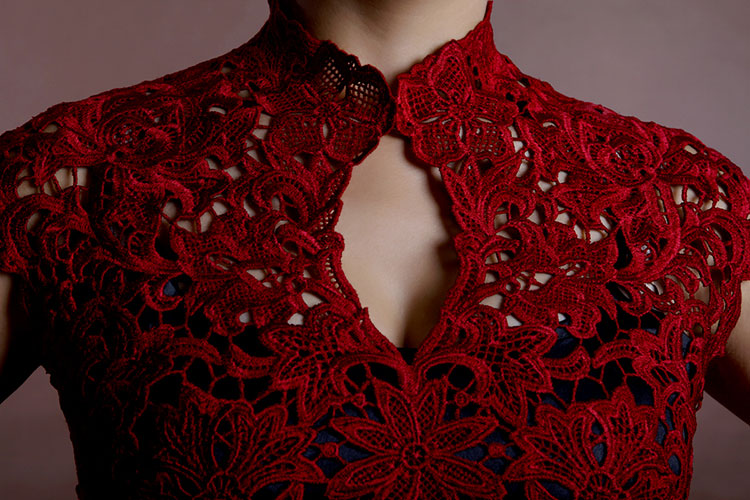 Wine red lace short cheongsam