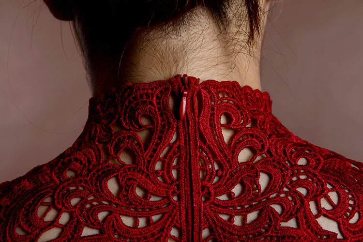 Wine red lace short cheongsam