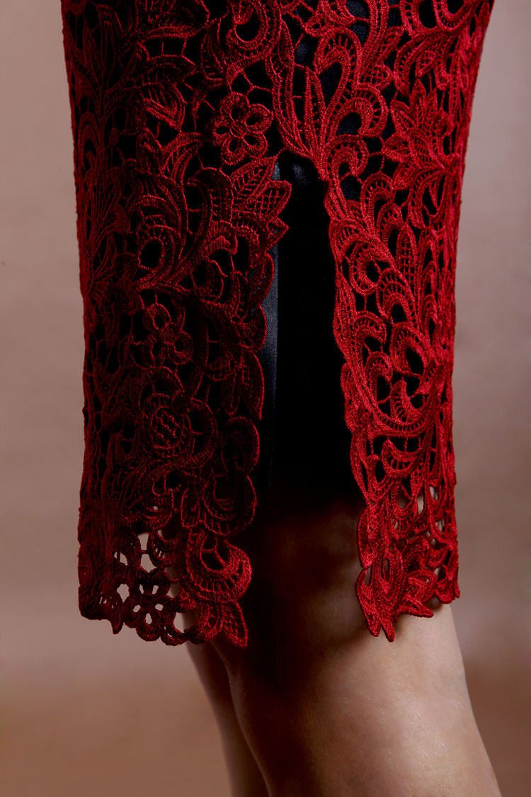 Wine red lace short cheongsam