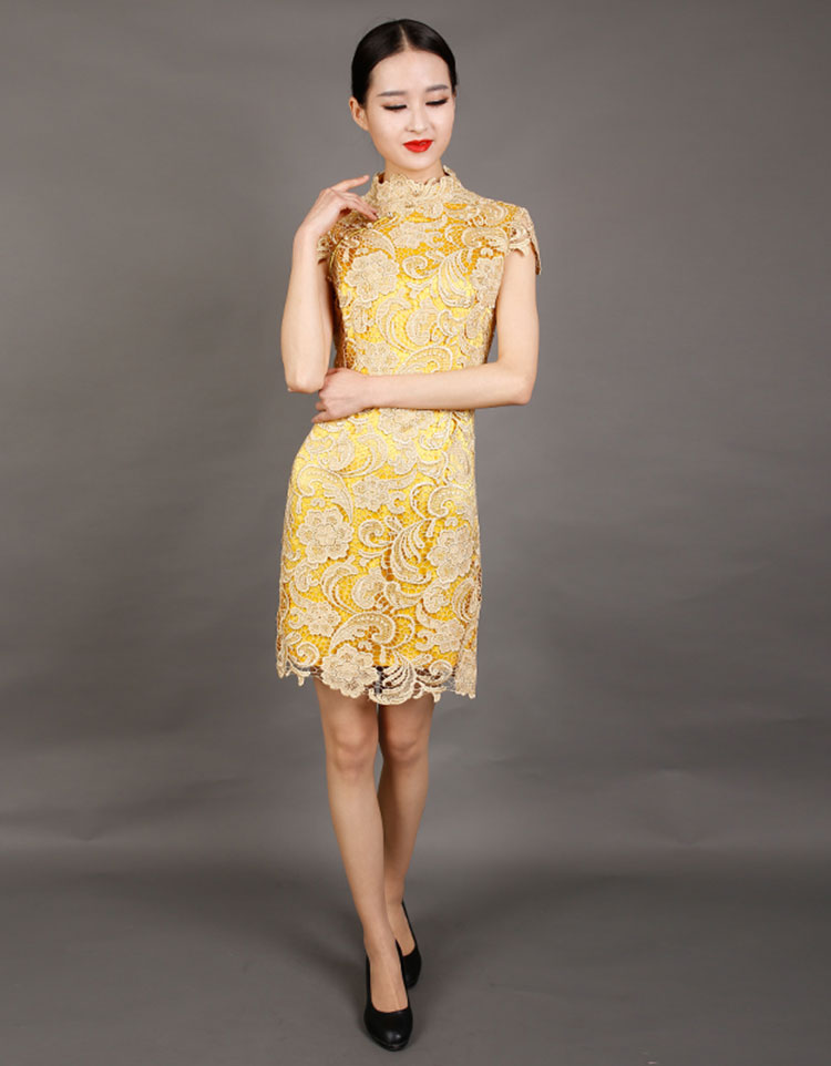 Golden-yellow lace cheongsam dress