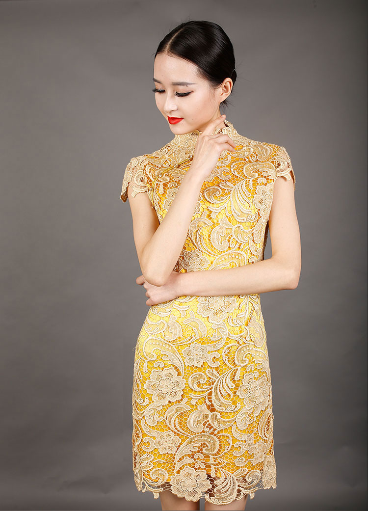 Golden-yellow lace cheongsam dress