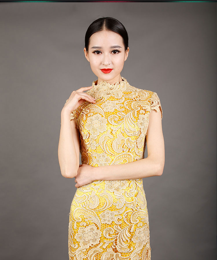 Golden-yellow lace cheongsam dress