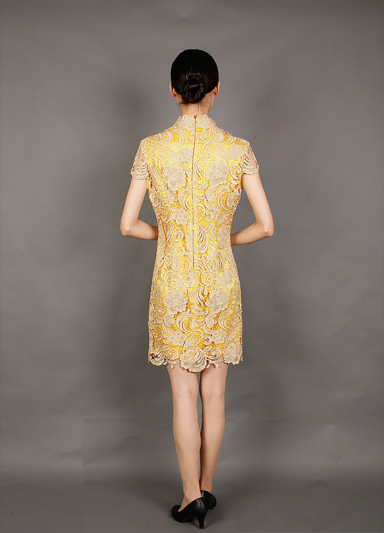 Golden-yellow lace cheongsam dress