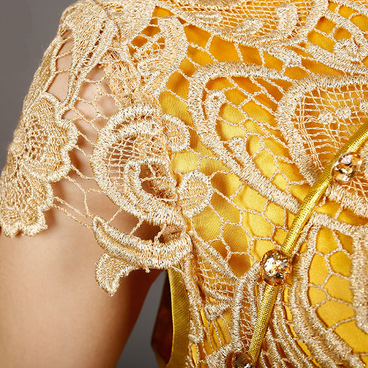 Golden-yellow lace cheongsam dress