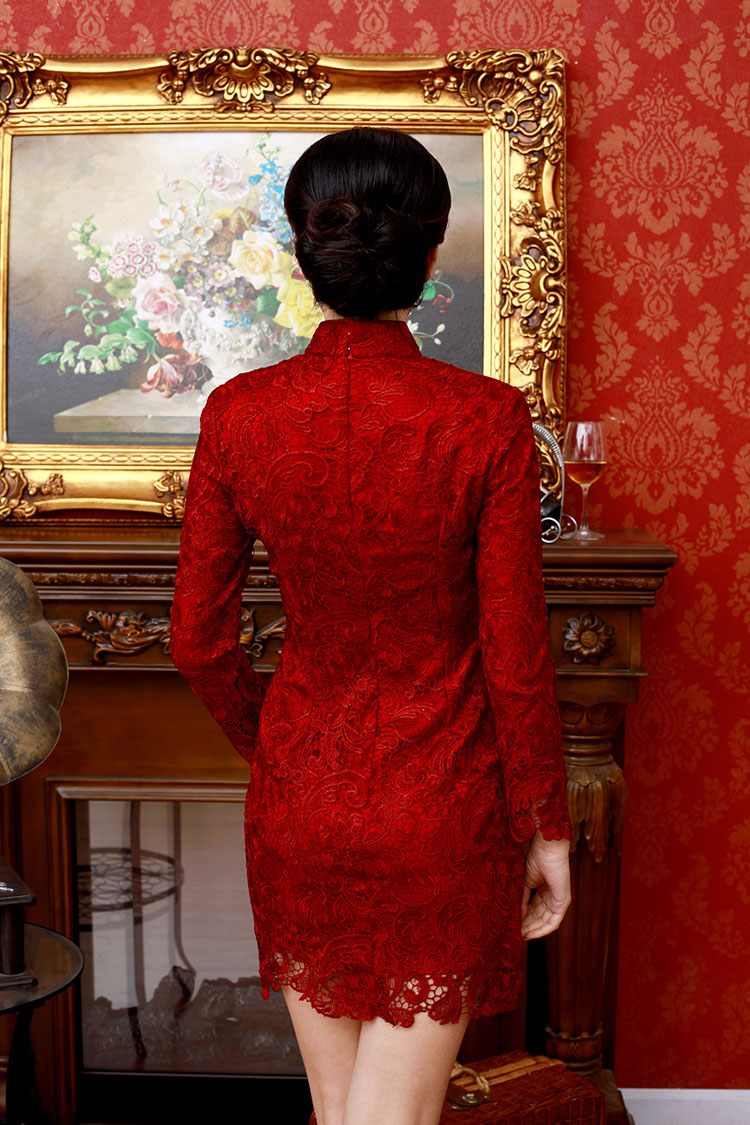 Wine red lace long sleeves qipao dress