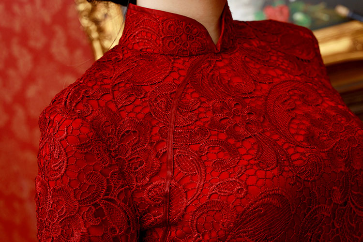 Wine red lace long sleeves qipao dress