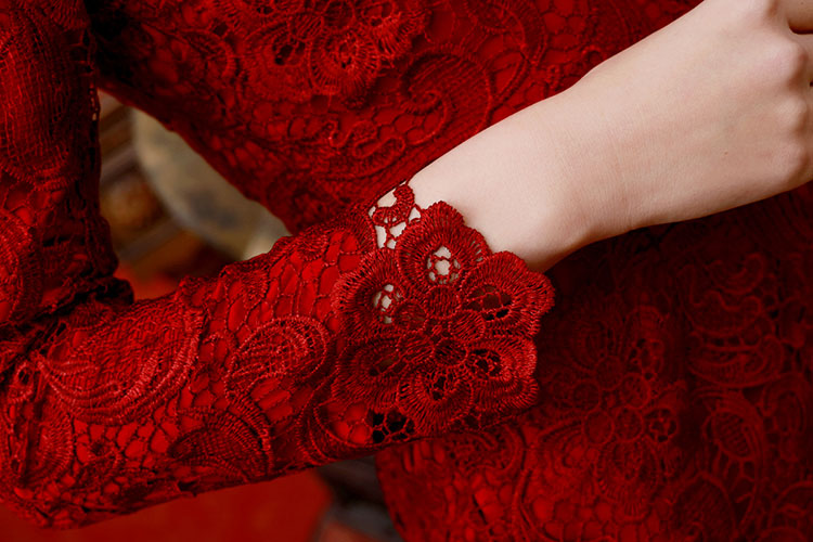 Wine red lace long sleeves qipao dress