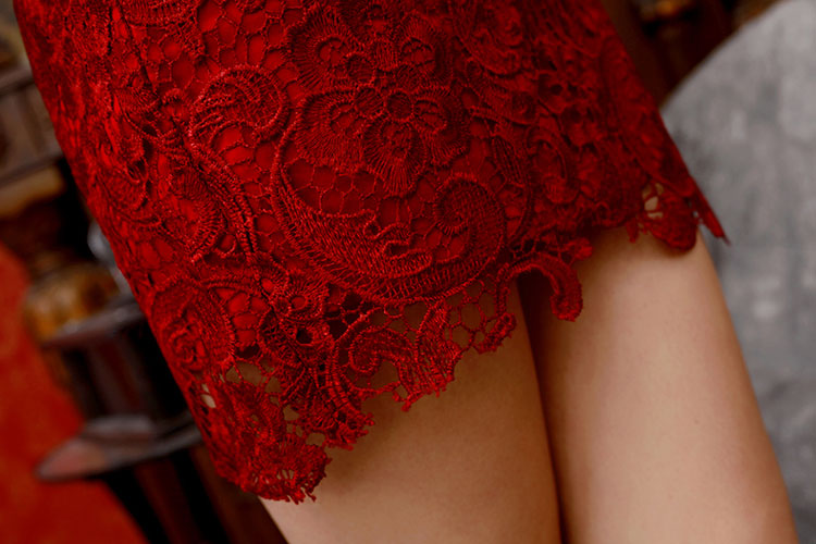 Wine red lace long sleeves qipao dress