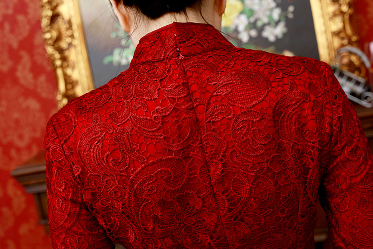 Wine red lace long sleeves qipao dress