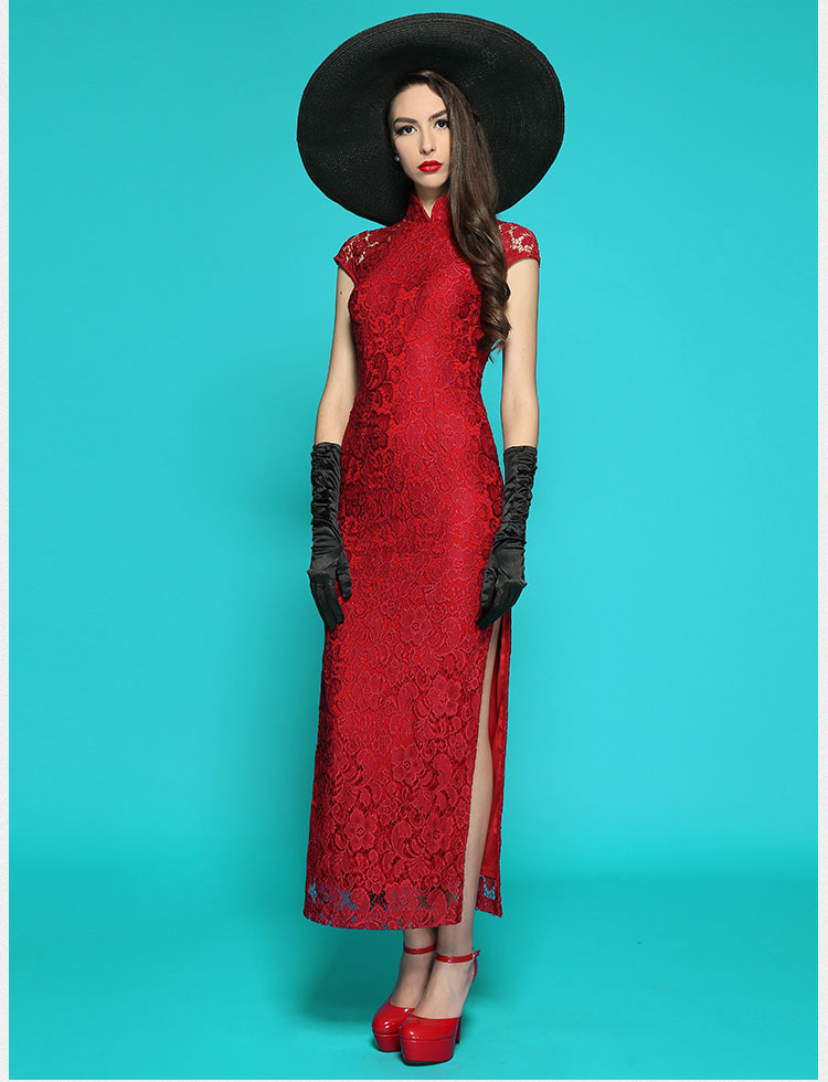 Wine red lace long qipao dress