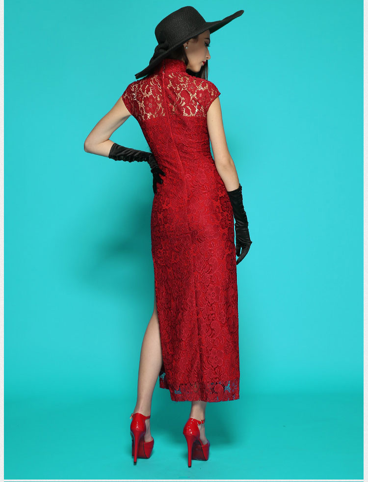 Wine red lace long qipao dress