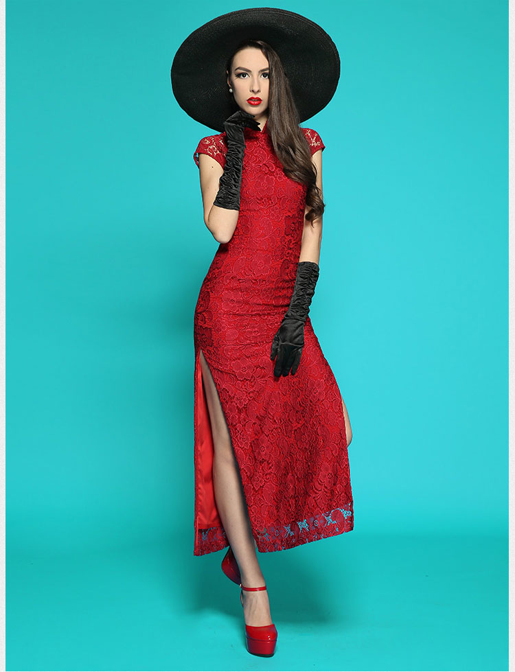 Wine red lace long qipao dress