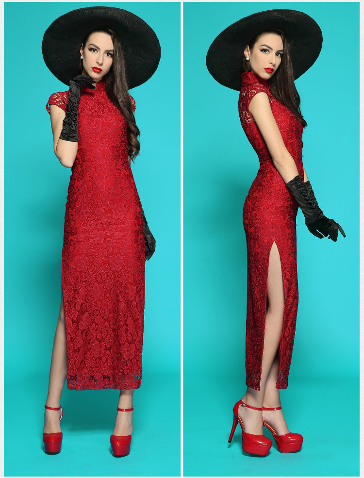 Wine red lace long qipao dress