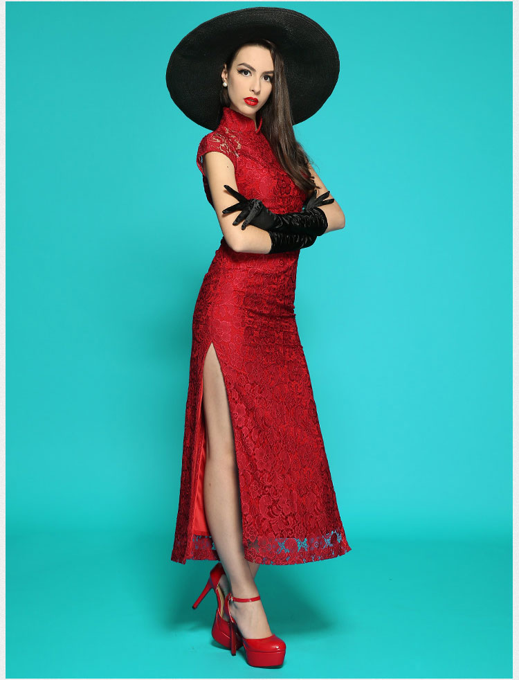 Wine red lace long qipao dress