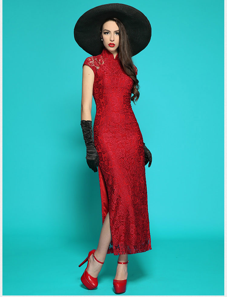 Wine red lace long qipao dress