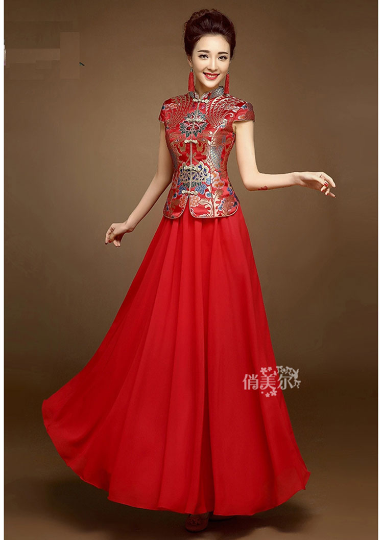 Red colorful brocade blouse and pure red skirt